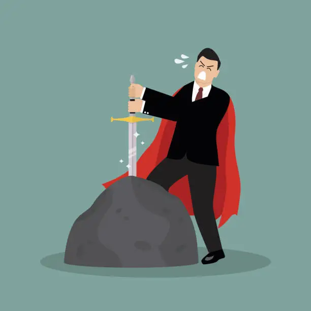 Vector illustration of Businessman try to pull sword from stone