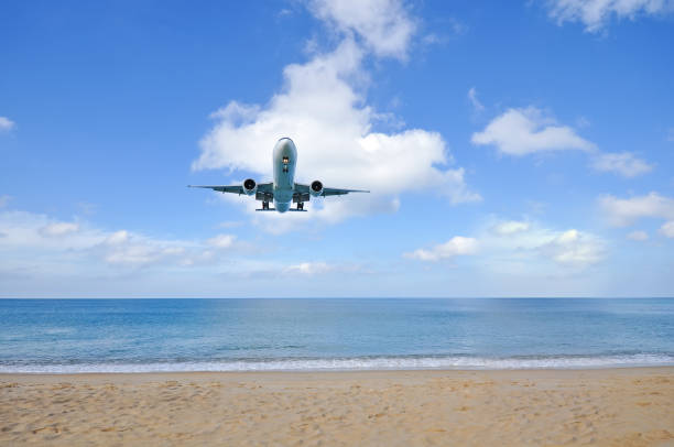 istock airplane landing over the sea 640088606