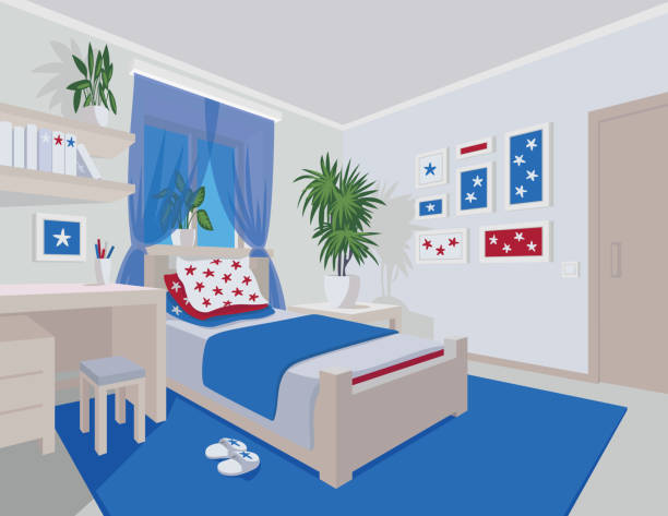 Colorful Interior Of Bedroom In Flat Cartoon Style Stock Illustration -  Download Image Now - iStock