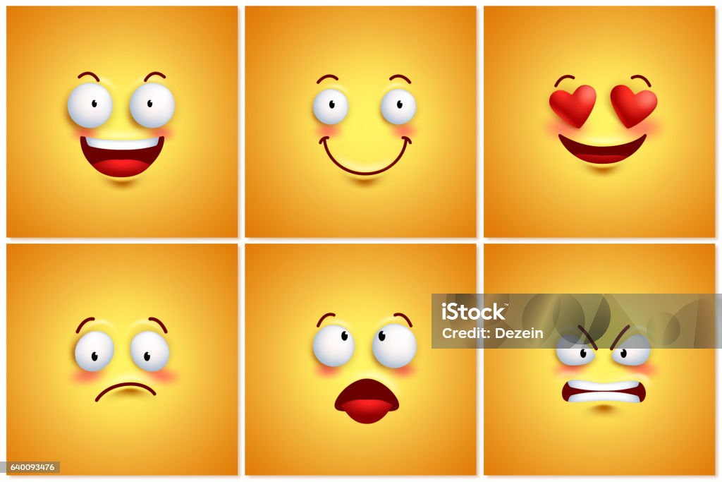 Funny smileys vector poster wallpaper backgrounds set Funny smileys vector poster wallpaper backgrounds set with different facial expressions and emotions. Vector illustration. Three Dimensional stock vector