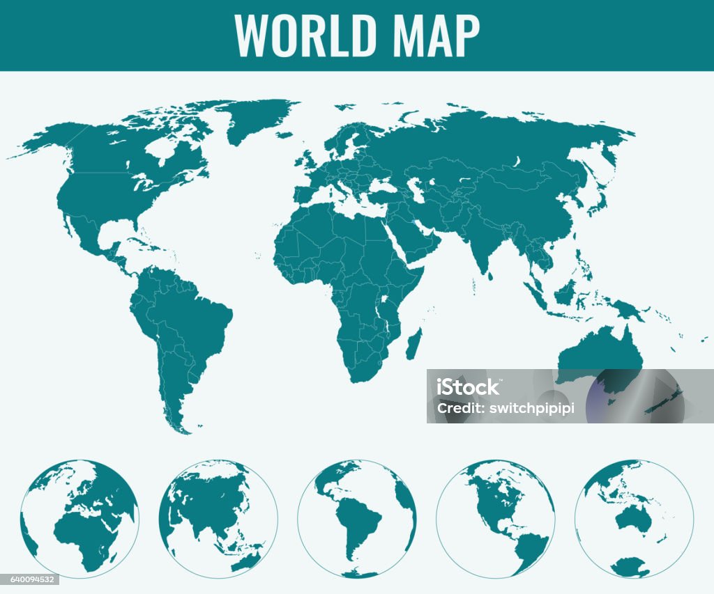 Carte du monde avec globes. vecteur - clipart vectoriel de Globe terrestre libre de droits