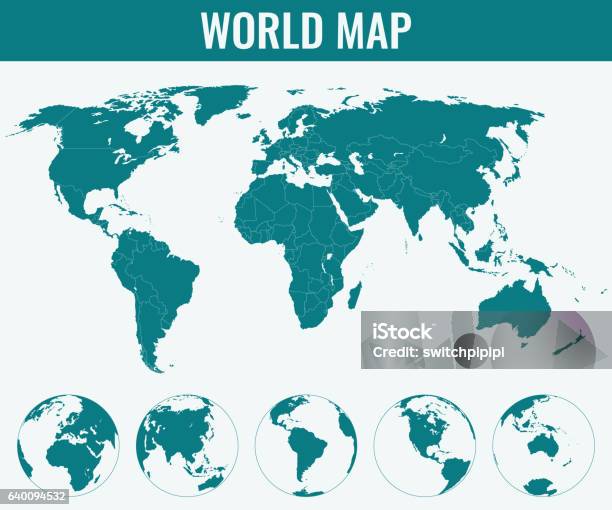 Carte Du Monde Avec Globes Vecteur Vecteurs libres de droits et plus d'images vectorielles de Globe terrestre - Globe terrestre, Planisphère, États-Unis