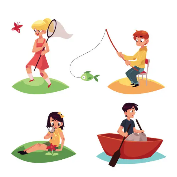 Vector illustration of Kid chasing buttterflies, fishing, kayaking and watching flowers in summer