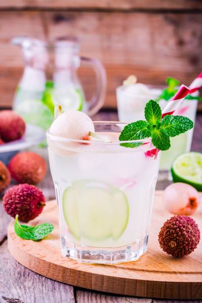 istock Cold fresh lemonade with lychee, lime and mint in glass 640096526