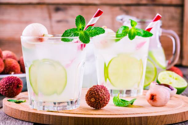 istock Cold fresh lemonade with lychee, lime and mint in glass 640096556