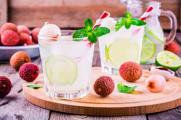 istock Cold fresh lemonade with lychee, lime and mint in glass 640096584