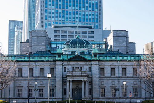 Osaka,Japan - December 31, 2016:The Bank of Japan Osaka Branch is branch of the Bank of Japan located in Nakanoshima,Kita-ku,Osaka City,Osaka Prefecture,Japan. These is an old building build in 1909 and a new building completed in 1980. The old building is a two-story Western-style building with brick and stone.