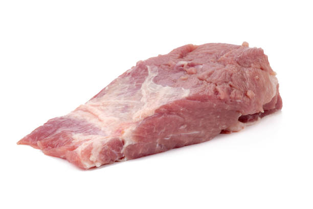 istock Pieces of pork meat on white back ground. 640098638