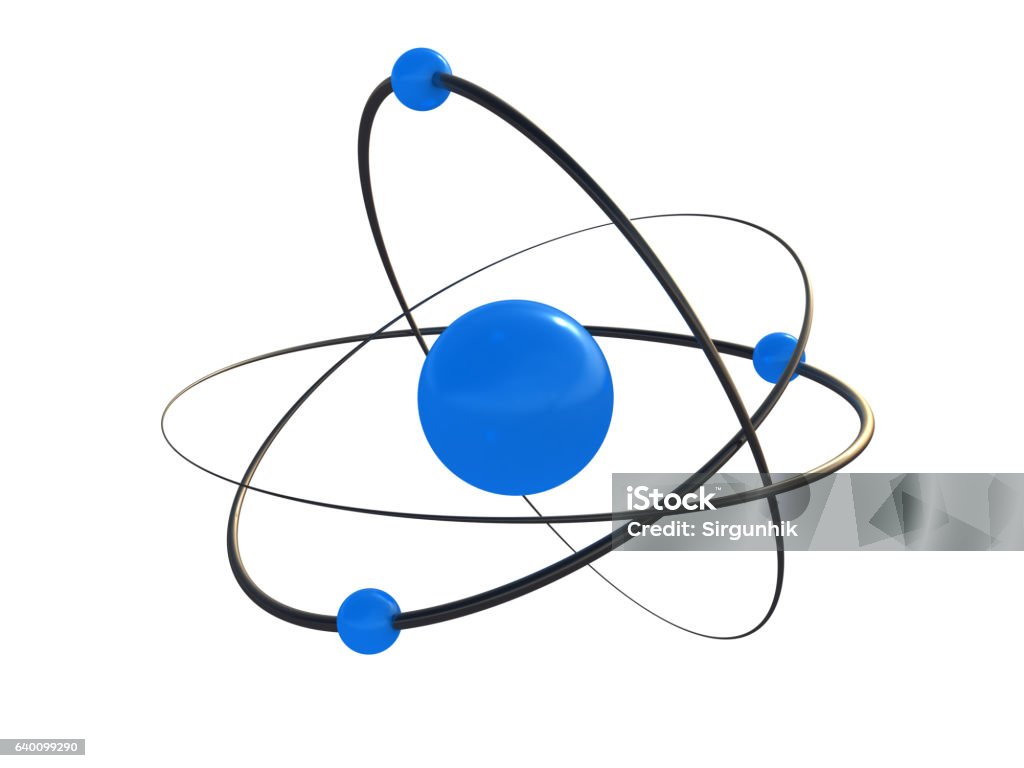 Atom, molecule, orbit, blue atom, 3d, atom isolated on a white background Abstract stock illustration