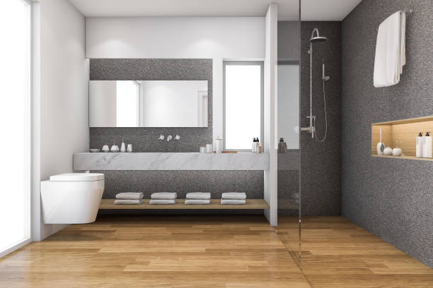 istock 3d rendering loft wood and stone decor bathroom near window 640099754