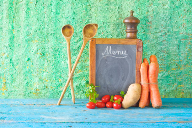 istock menu template, blackboard and food ingredients 640099776