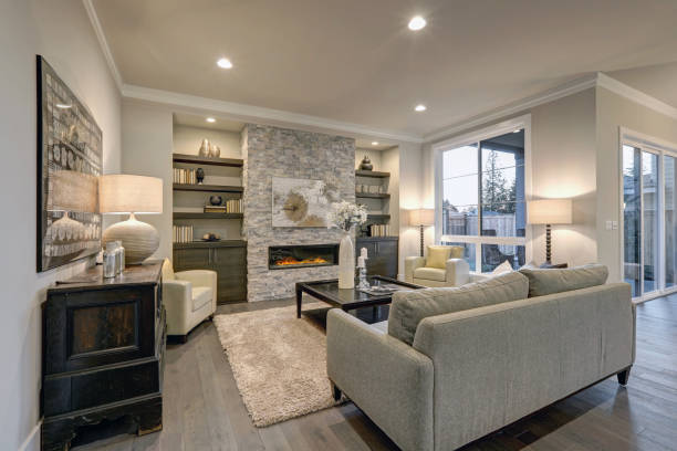 istock Chic living room interior in gray colors 640101408