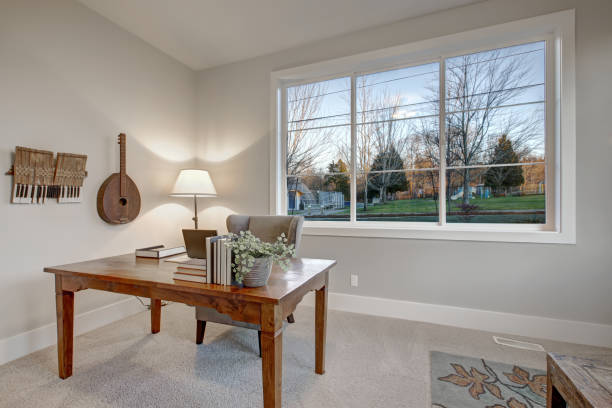 istock Interior of home office with soft gray walls 640101504