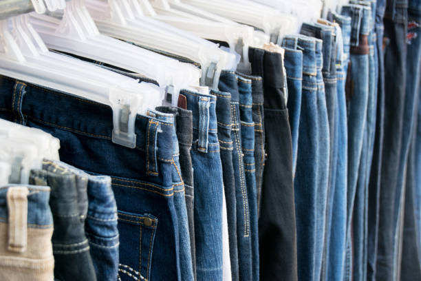 istock Close up jeans on hangers in shop 640101540
