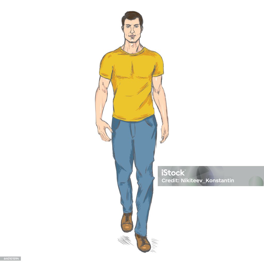 Vector Sketch Fashion Male Model in Trousers and T-Shirt Vector Single Sketch Illustration - Fashion Male Model in Trousers and T-Shirt Men stock vector