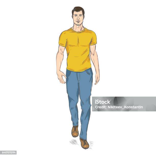 Vector Sketch Fashion Male Model In Trousers And Tshirt Stock Illustration - Download Image Now