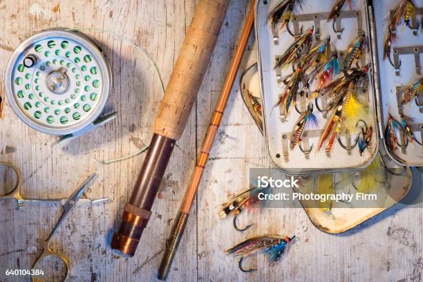 Old Fishing Equipment On Wooden Table Stock Photo - Download Image