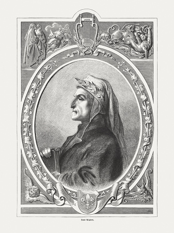 Dante Alighieri (1265 - 1321), Italian poet and philosopher of the Middle Ages. Wood engraving, published in 1865.