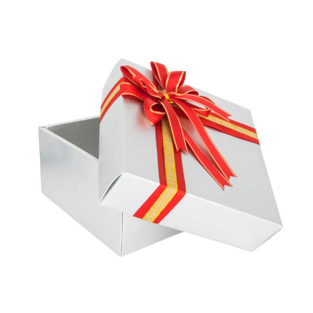 istock Silver gift box and red ribbon isolated on white background 640107552