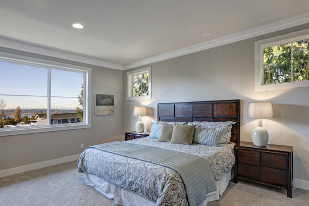 istock Gray bedroom design with queen size bed 640107716