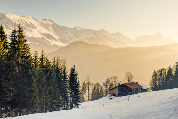 Splendid view from wooden cabin to the mountains of Allgäu stock photo