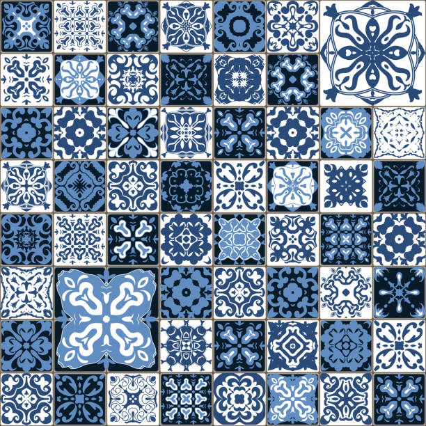 Seamless tile pattern. Square flower blue mosaic. vector. Gorgeous seamless patchwork pattern from dark blue and white Moroccan tiles, ornaments. Can be used for wallpaper, pattern fills, web page background,surface texturesLuxury oriental tile seamless pattern. Colorful floral patchwork background. Boho chic style. Rich flower ornament. Square design elements. Portuguese moroccan motif. Unusual flourish print. mexican tile cross stock illustrations