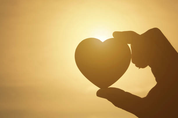istock Silhouette hand holding heart on sunset and sky background love 640110320