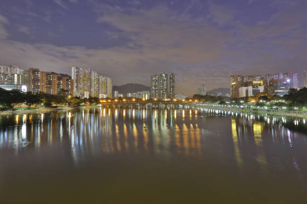 Sunset view of Shing Mun River with Christmasthe Sha Tin Festive Lighting at hk 2016