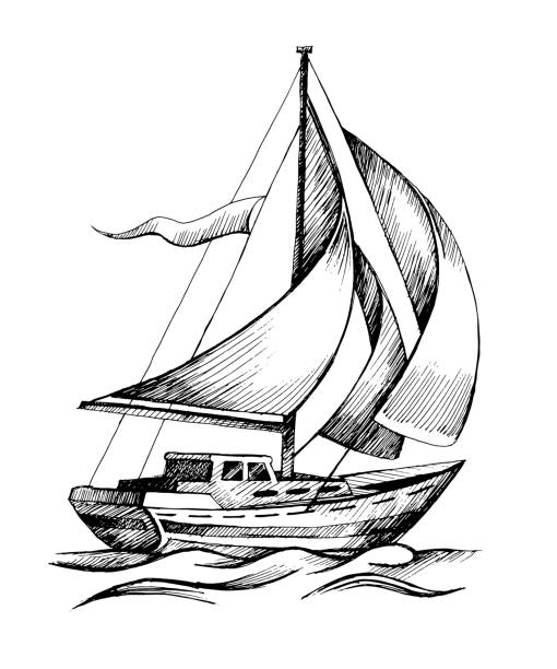 Sailing ship vector sketch isolated with waves. Sailing boat vector sketch isolated with waves. Sea yacht floating on the water surface. white sailboat silhouette stock illustrations