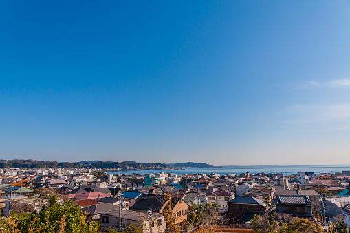 Arial view of traditional Japanese town against clear sky,Kamakura,Japan