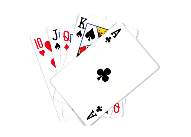 naipes - aislado sobre fondo blanco. escalera real. - poker cards royal flush leisure games fotografías e imágenes de stock