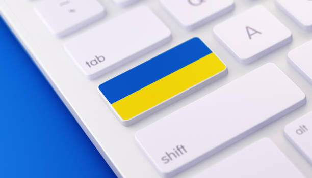 Ukranian Flag Keyboard button with Selective Focus High quality 3d render of a Ukranian flag keyboard button with selective focus. Ukranian related technology, language, education, e-commerce or hacking concept. Horizontal composition with copy space. ukrainian language stock pictures, royalty-free photos & images