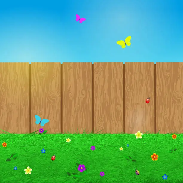 Vector illustration of Spring background with grass, flowers, butterflies