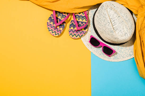 istock Woman's accessories flat lay on colorful background top view 640119830