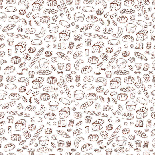 Bread products. Doodle Bakery and Wheat ears  Vector Seamless pattern Bread products. Hand drawn Doodle Bakery Vector Seamless patternBread products. Hand drawn Doodle Bakery and Wheat ears  Vector Seamless pattern bread backgrounds stock illustrations