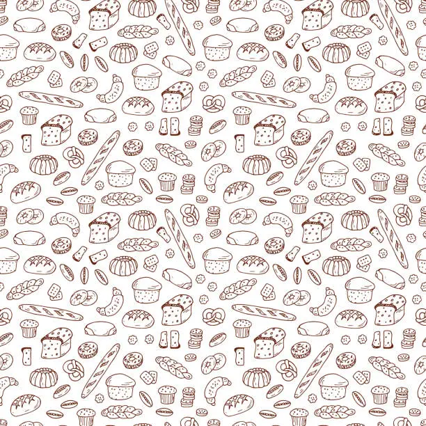 Vector illustration of Bread products. Doodle Bakery and Wheat ears  Vector Seamless pattern