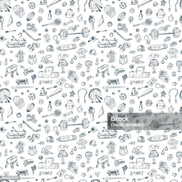 Sports Seamless Pattern Of Sports Equipment Hand Drawn Doodles Illustration Stock Illustration - Download Image Now