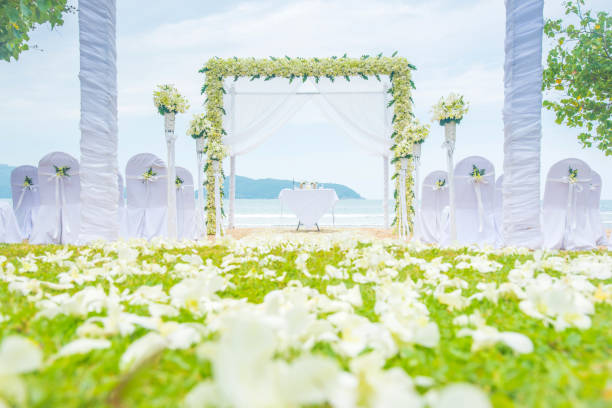 istock Wedding setting on the grass green and beach. 640126022