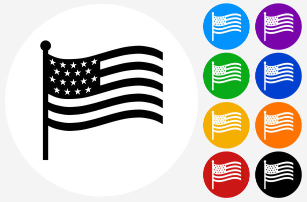 ilustraciones, imágenes clip art, dibujos animados e iconos de stock de icono de bandera americana en los botones de círculo de color plano - american flag flag usa freedom