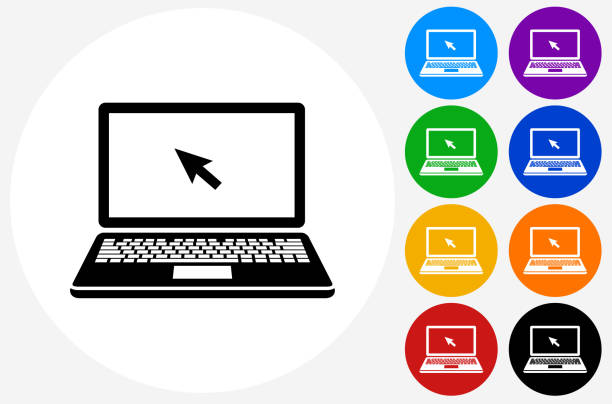 illustrations, cliparts, dessins animés et icônes de icône d’ordinateur portable sur les boutons de cercle de couleur plate - yellow blue image computer graphic