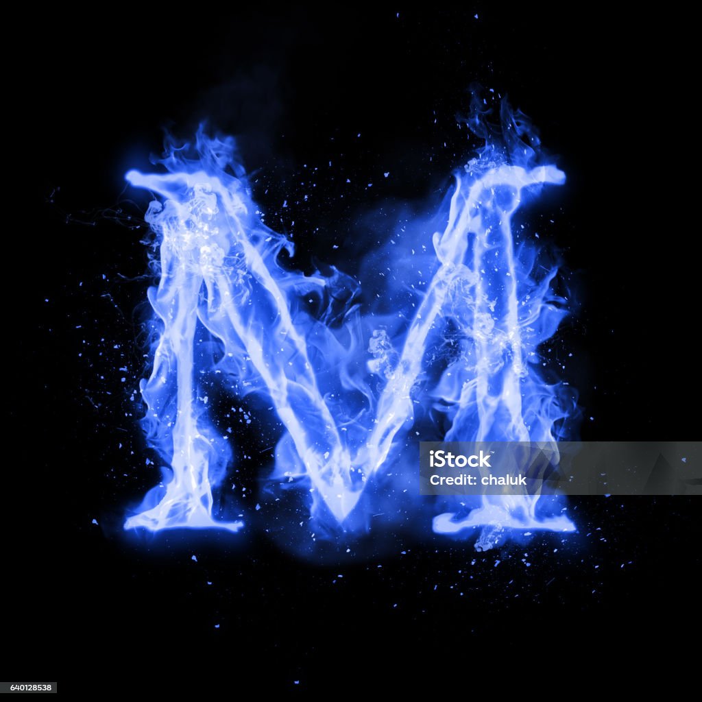Fire letter M of burning flame light Fire letter M of burning blue flame. Flaming burn font or bonfire alphabet text with sizzling smoke and fiery or blazing shining heat effect. Incandescent cold fire glow on black background Alphabet stock illustration