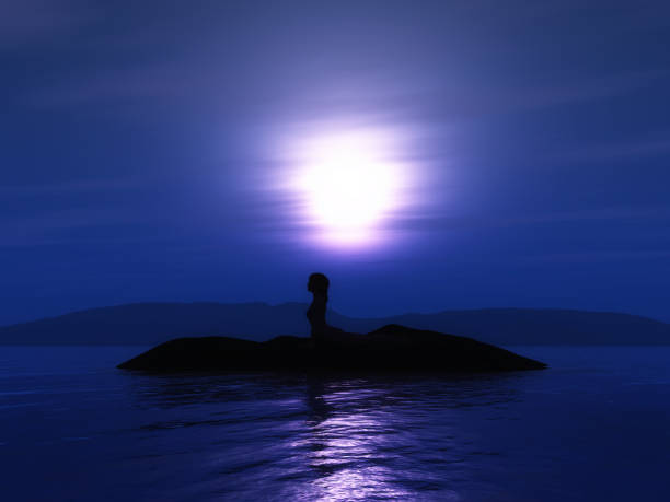 3D render of a female in a yoga pose against a sunset sky