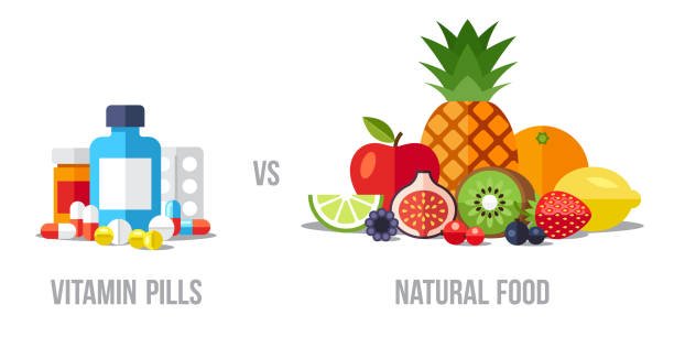 ilustraciones, imágenes clip art, dibujos animados e iconos de stock de píldoras vs alimentos - pill capsule nutritional supplement vitamin pill