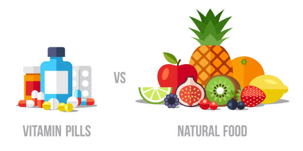 ilustrações, clipart, desenhos animados e ícones de pílulas vs alimentos - vitamin pill nutritional supplement medicine pill