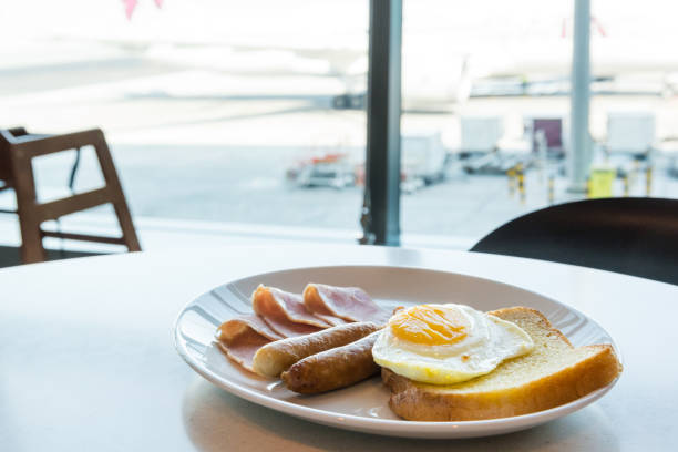 Breakfast at international airport. stock photo