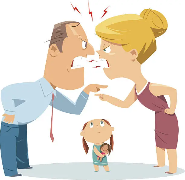 Vector illustration of Couple fighting in front of child