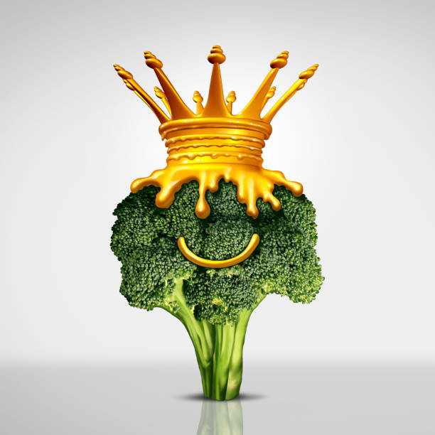 Cheese King Cheese king food symbol as a steamed green broccoli vegetable with a smile and a crown made of melted cheddar as a delicious nutritious snack representing a tasty treat with 3D illustration elements. broccoli crowns stock pictures, royalty-free photos & images