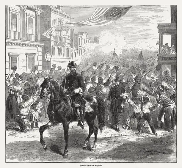 On April 3, 1865, Major General Godfrey Weitzel marched his troops - most of them African Americans - into Richmond, the capital of the Confederacy. Wood engraving, published in 1865.