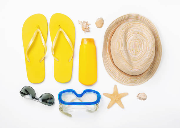 istock Variety beach accessories on white background. Vacation and trav 640140126