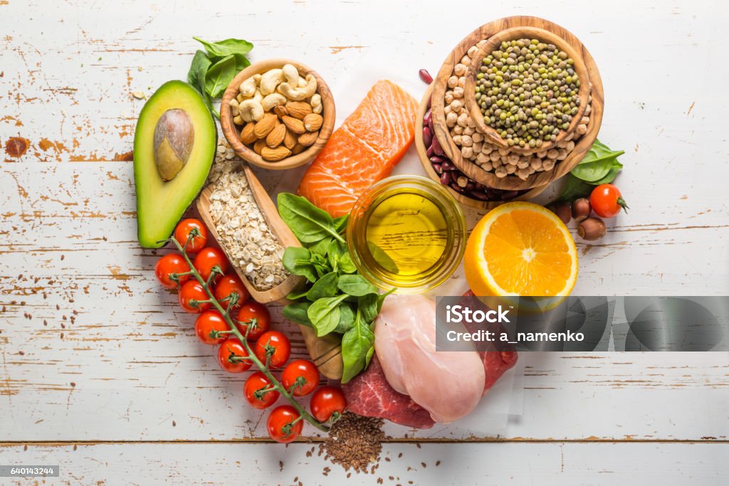 Selection of food that is good for the health and Selection of food that is good for the health and skin, rustic wood background Healthy Eating Stock Photo